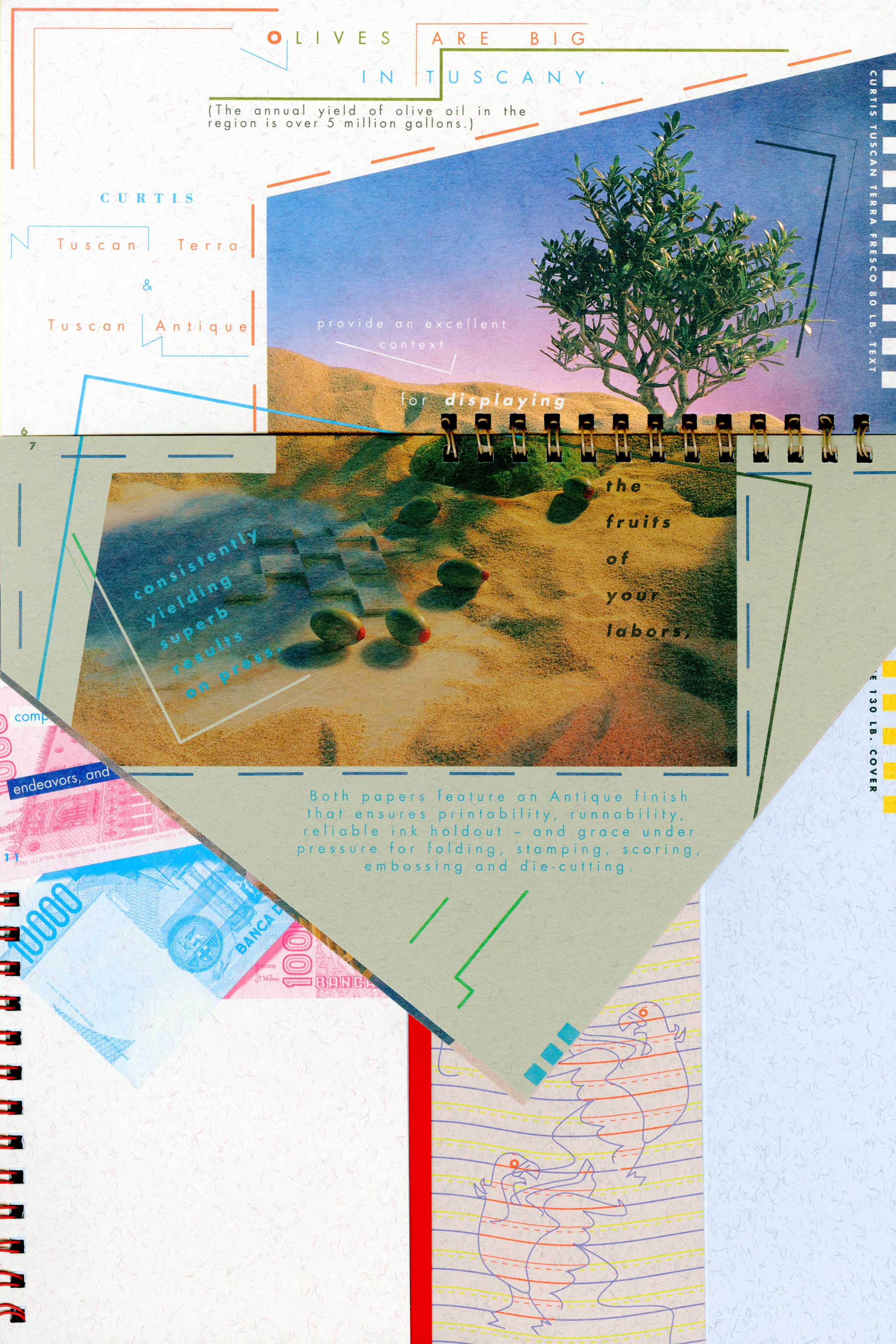 Desert landscape, dashed lines, sans serif text, foreign bills
